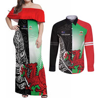 New Zealand and Wales Rugby Custom Couples Matching Off Shoulder Maxi Dress and Long Sleeve Button Shirt Aotearoa All Black Combine Welsh Dragon LT14 Black - Polynesian Pride