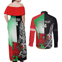 New Zealand and Wales Rugby Custom Couples Matching Off Shoulder Maxi Dress and Long Sleeve Button Shirt Aotearoa All Black Combine Welsh Dragon LT14 - Polynesian Pride