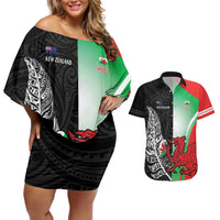 New Zealand and Wales Rugby Custom Couples Matching Off Shoulder Short Dress and Hawaiian Shirt Aotearoa All Black Combine Welsh Dragon LT14 Black - Polynesian Pride