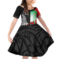 New Zealand and Wales Rugby Custom Family Matching Off Shoulder Short Dress and Hawaiian Shirt Aotearoa All Black Combine Welsh Dragon LT14 Daughter's Dress Black - Polynesian Pride