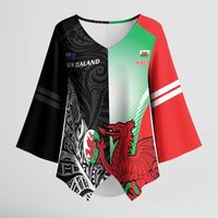 New Zealand and Wales Rugby Custom Kimono Sleeve Blouse Aotearoa All Black Combine Welsh Dragon LT14 Female Black - Polynesian Pride