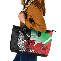 New Zealand and Wales Rugby Custom Leather Tote Bag Aotearoa All Black Combine Welsh Dragon LT14 Black - Polynesian Pride