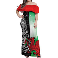 New Zealand and Wales Rugby Custom Off Shoulder Maxi Dress Aotearoa All Black Combine Welsh Dragon LT14 Women Black - Polynesian Pride