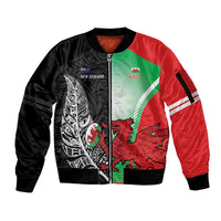 New Zealand and Wales Rugby Custom Sleeve Zip Bomber Jacket Aotearoa All Black Combine Welsh Dragon LT14 Unisex Black - Polynesian Pride