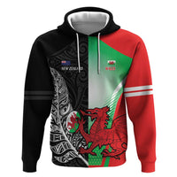 New Zealand and Wales Rugby Custom Zip Hoodie Aotearoa All Black Combine Welsh Dragon LT14 Pullover Hoodie Black - Polynesian Pride