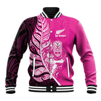 New Zealand Silver Fern Rugby Custom Baseball Jacket All Black Maori Pattern Pink - Polynesian Pride