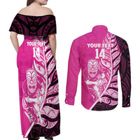 New Zealand Silver Fern Rugby Custom Couples Matching Off Shoulder Maxi Dress and Long Sleeve Button Shirt All Black Maori Pattern Pink LT14 - Polynesian Pride