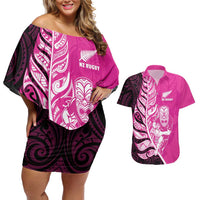 New Zealand Silver Fern Rugby Custom Couples Matching Off Shoulder Short Dress and Hawaiian Shirt All Black Maori Pattern Pink LT14 Pink - Polynesian Pride