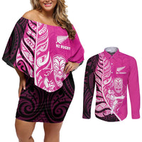 New Zealand Silver Fern Rugby Custom Couples Matching Off Shoulder Short Dress and Long Sleeve Button Shirt All Black Maori Pattern Pink LT14 Pink - Polynesian Pride