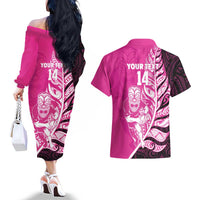 New Zealand Silver Fern Rugby Custom Couples Matching Off The Shoulder Long Sleeve Dress and Hawaiian Shirt All Black Maori Pattern Pink LT14 - Polynesian Pride