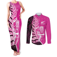 New Zealand Silver Fern Rugby Custom Couples Matching Tank Maxi Dress and Long Sleeve Button Shirt All Black Maori Pattern Pink - Polynesian Pride