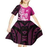 New Zealand Silver Fern Rugby Custom Kid Short Sleeve Dress All Black Maori Pattern Pink LT14 - Polynesian Pride