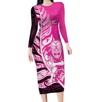 New Zealand Silver Fern Rugby Custom Long Sleeve Bodycon Dress All Black Maori Pattern Pink LT14 Long Dress Pink - Polynesian Pride
