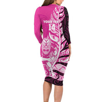 New Zealand Silver Fern Rugby Custom Long Sleeve Bodycon Dress All Black Maori Pattern Pink LT14 - Polynesian Pride