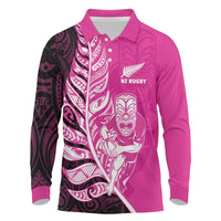 New Zealand Silver Fern Rugby Custom Long Sleeve Polo Shirt All Black Maori Pattern Pink LT14 Pink - Polynesian Pride