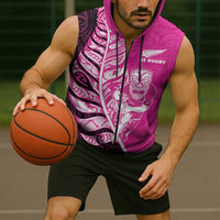 New Zealand Silver Fern Rugby Custom Sleeveless Zip Hoodie All Black Maori Pattern Pink LT14 - Polynesian Pride