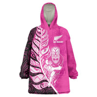 New Zealand Silver Fern Rugby Custom Wearable Blanket Hoodie All Black Maori Pattern Pink LT14 One Size Pink - Polynesian Pride