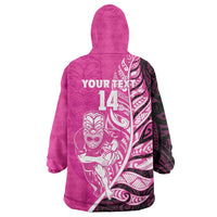 New Zealand Silver Fern Rugby Custom Wearable Blanket Hoodie All Black Maori Pattern Pink LT14 - Polynesian Pride