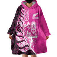 New Zealand Silver Fern Rugby Custom Wearable Blanket Hoodie All Black Maori Pattern Pink LT14 - Polynesian Pride