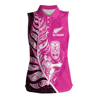 New Zealand Silver Fern Rugby Custom Women Sleeveless Polo Shirt All Black Maori Pattern Pink LT14 Female Pink - Polynesian Pride