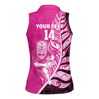 New Zealand Silver Fern Rugby Custom Women Sleeveless Polo Shirt All Black Maori Pattern Pink LT14 - Polynesian Pride