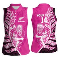 New Zealand Silver Fern Rugby Custom Women Sleeveless Polo Shirt All Black Maori Pattern Pink LT14 - Polynesian Pride