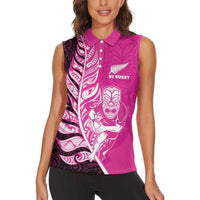 New Zealand Silver Fern Rugby Custom Women Sleeveless Polo Shirt All Black Maori Pattern Pink LT14 - Polynesian Pride