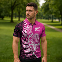 New Zealand Silver Fern Rugby Custom Zipper Polo Shirt All Black Maori Pattern Pink LT14 - Polynesian Pride