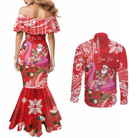 Personalized Hawaii Christmas Couples Matching Mermaid Dress and Long Sleeve Button Shirt Mele Kalikimaka Chilling Shaka Santa Flamingo LT14 - Polynesian Pride