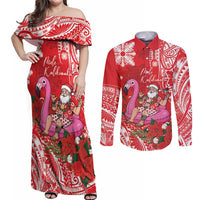 Personalized Hawaii Christmas Couples Matching Off Shoulder Maxi Dress and Long Sleeve Button Shirt Mele Kalikimaka Chilling Shaka Santa Flamingo LT14 Red - Polynesian Pride