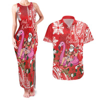 Personalized Hawaii Christmas Couples Matching Tank Maxi Dress and Hawaiian Shirt Mele Kalikimaka Chilling Shaka Santa Flamingo LT14 Red - Polynesian Pride