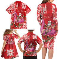 Personalized Hawaii Christmas Family Matching Long Sleeve Bodycon Dress and Hawaiian Shirt Mele Kalikimaka Chilling Shaka Santa Flamingo LT14 - Polynesian Pride