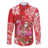 Personalized Hawaii Christmas Family Matching Mermaid Dress and Hawaiian Shirt Mele Kalikimaka Chilling Shaka Santa Flamingo LT14 Dad's Shirt - Long Sleeve Red - Polynesian Pride