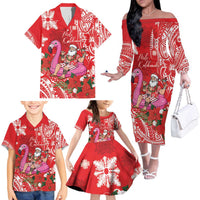 Personalized Hawaii Christmas Family Matching Off The Shoulder Long Sleeve Dress and Hawaiian Shirt Mele Kalikimaka Chilling Shaka Santa Flamingo LT14 - Polynesian Pride
