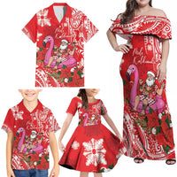 Personalized Hawaii Christmas Family Matching Off Shoulder Maxi Dress and Hawaiian Shirt Mele Kalikimaka Chilling Shaka Santa Flamingo LT14 - Polynesian Pride