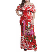 Personalized Hawaii Christmas Family Matching Off Shoulder Maxi Dress and Hawaiian Shirt Mele Kalikimaka Chilling Shaka Santa Flamingo LT14 Mom's Dress Red - Polynesian Pride