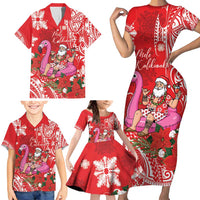 Personalized Hawaii Christmas Family Matching Short Sleeve Bodycon Dress and Hawaiian Shirt Mele Kalikimaka Chilling Shaka Santa Flamingo LT14 - Polynesian Pride