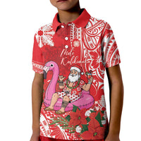 Personalized Hawaii Christmas Kid Polo Shirt Mele Kalikimaka Chilling Shaka Santa Flamingo LT14 Kid Red - Polynesian Pride