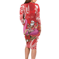 Personalized Hawaii Christmas Long Sleeve Bodycon Dress Mele Kalikimaka Chilling Shaka Santa Flamingo LT14 - Polynesian Pride