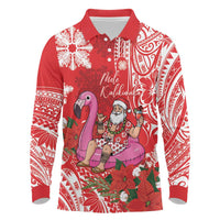 Personalized Hawaii Christmas Long Sleeve Polo Shirt Mele Kalikimaka Chilling Shaka Santa Flamingo LT14 Red - Polynesian Pride