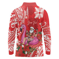 Personalized Hawaii Christmas Long Sleeve Polo Shirt Mele Kalikimaka Chilling Shaka Santa Flamingo LT14 - Polynesian Pride