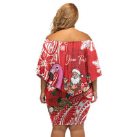 Personalized Hawaii Christmas Off Shoulder Short Dress Mele Kalikimaka Chilling Shaka Santa Flamingo LT14 - Polynesian Pride