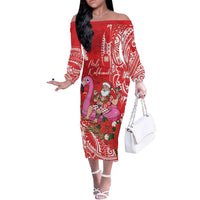 Personalized Hawaii Christmas Off The Shoulder Long Sleeve Dress Mele Kalikimaka Chilling Shaka Santa Flamingo LT14 Women Red - Polynesian Pride
