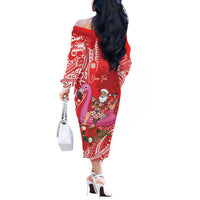 Personalized Hawaii Christmas Off The Shoulder Long Sleeve Dress Mele Kalikimaka Chilling Shaka Santa Flamingo LT14 - Polynesian Pride