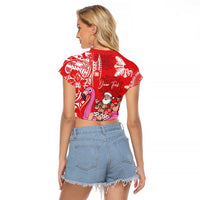 Personalized Hawaii Christmas Raglan Cropped T Shirt Mele Kalikimaka Chilling Shaka Santa Flamingo LT14 - Polynesian Pride