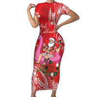 Personalized Hawaii Christmas Short Sleeve Bodycon Dress Mele Kalikimaka Chilling Shaka Santa Flamingo LT14 Long Dress Red - Polynesian Pride