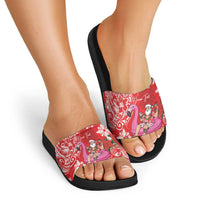Personalized Hawaii Christmas Slide Sandals Mele Kalikimaka Chilling Shaka Santa Flamingo - Polynesian Pride