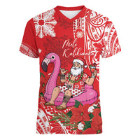 Personalized Hawaii Christmas Women V-Neck T-Shirt Mele Kalikimaka Chilling Shaka Santa Flamingo LT14 Female Red - Polynesian Pride