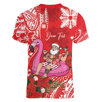 Personalized Hawaii Christmas Women V-Neck T-Shirt Mele Kalikimaka Chilling Shaka Santa Flamingo LT14 - Polynesian Pride