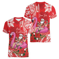 Personalized Hawaii Christmas Women V-Neck T-Shirt Mele Kalikimaka Chilling Shaka Santa Flamingo LT14 - Polynesian Pride